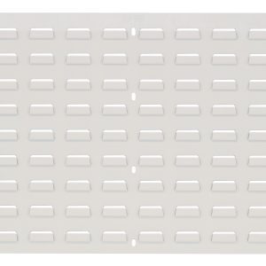 The Quantum Louvered Panel, measuring 36L x 19H, is constructed from heavy-duty 16 gauge cold-rolled steel with an oyster white enamel finish. It features a grid of rectangular slots and circular holes for mounting, although the necessary hardware is not included.
