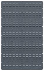 The Quantum Louvered Panel is a wall-mounted, heavy-duty 16-gauge cold-rolled steel panel, measuring 36L x 61H, featuring a gray enamel-coated finish with rectangular slots and round mounting holes on the edges. Mounting hardware is not included.