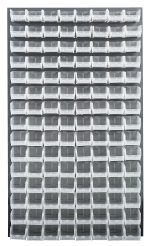 The Quantum Louvered Panel is a 36L x 8D x 61H wall-mounted unit with a gray enamel finish, featuring 120 clear Qus220 bins. Made from heavy-duty 16-gauge cold-rolled steel, its grid-like design provides easy access and visibility. (Mounting hardware not included).