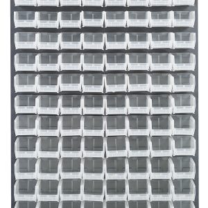 The Quantum Louvered Panel is a 36L x 8D x 61H wall-mounted unit with a gray enamel finish, featuring 120 clear Qus220 bins. Made from heavy-duty 16-gauge cold-rolled steel, its grid-like design provides easy access and visibility. (Mounting hardware not included).