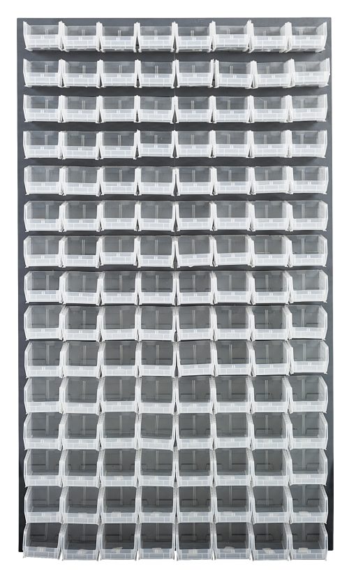 QLP-3661-220-120CL.jpg The Quantum Louvered Panel is a 36L x 8D x 61H wall-mounted unit with a gray enamel finish, featuring 120 clear Qus220 bins. Made from heavy-duty 16-gauge cold-rolled steel, its grid-like design provides easy access and visibility. (Mounting hardware not included).