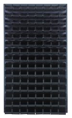 A Quantum Louvered Panel, measuring 36L x 8D x 61H, is wall-mounted and features an array of black QUS220 bins. Crafted from heavy-duty 16 gauge cold rolled steel with a gray enamel finish, this panel provides a symmetrical and organized vertical grid layout. Mounting hardware not included.