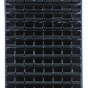 A Quantum Louvered Panel, measuring 36L x 8D x 61H, is wall-mounted and features an array of black QUS220 bins. Crafted from heavy-duty 16 gauge cold rolled steel with a gray enamel finish, this panel provides a symmetrical and organized vertical grid layout. Mounting hardware not included.