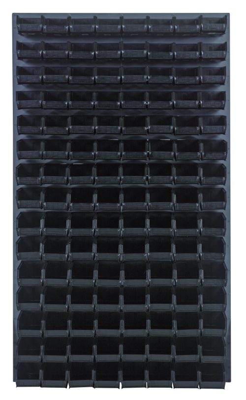 A Quantum Louvered Panel, measuring 36L x 8D x 61H, is wall-mounted and features an array of black QUS220 bins. Crafted from heavy-duty 16 gauge cold rolled steel with a gray enamel finish, this panel provides a symmetrical and organized vertical grid layout. Mounting hardware not included.