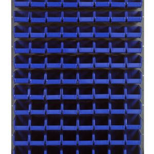 The Quantum Louvered Panel is a wall-mounted storage system, measuring 36L x 8D x 61H, featuring a grid with (120) QUS220 blue bins. Made from heavy-duty 16 gauge cold-rolled steel with a gray enamel finish, it’s perfect for organizing tools or small parts.