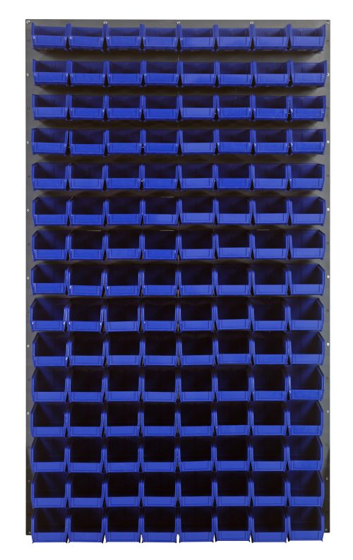 QLP-3661-220-120_BL.jpg The Quantum Louvered Panel is a wall-mounted storage system, measuring 36L x 8D x 61H, featuring a grid with (120) QUS220 blue bins. Made from heavy-duty 16 gauge cold-rolled steel with a gray enamel finish, it’s perfect for organizing tools or small parts.