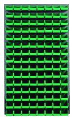 A wall-mounted Quantum Louvered Panel in gray enamel, made of heavy-duty steel with dimensions 36L x 8D x 61H, includes 120 clear QUS220 bins for organizing small items.