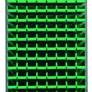 A wall-mounted Quantum Louvered Panel in gray enamel, made of heavy-duty steel with dimensions 36L x 8D x 61H, includes 120 clear QUS220 bins for organizing small items.