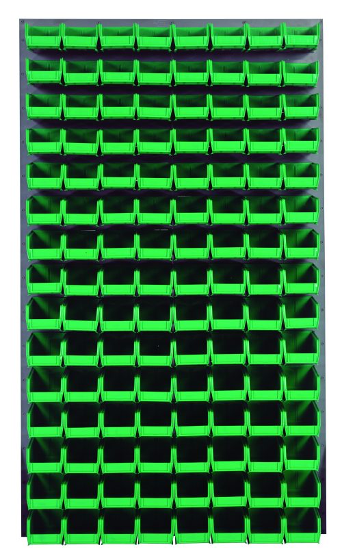 QLP-3661-220-120_GN.jpg A wall-mounted Quantum Louvered Panel in gray enamel, made of heavy-duty steel with dimensions 36L x 8D x 61H, includes 120 clear QUS220 bins for organizing small items.