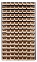 The Quantum Louvered Panel, a wall-mounted storage system measuring 36L x 8D x 61H, comes with (120) Qus220 clear bins. Crafted from heavy-duty 16 gauge cold rolled steel with a gray enamel finish, it offers top-open access for easy organization of tools or small parts. Mounting hardware not included.