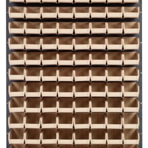 The Quantum Louvered Panel, a wall-mounted storage system measuring 36L x 8D x 61H, comes with (120) Qus220 clear bins. Crafted from heavy-duty 16 gauge cold rolled steel with a gray enamel finish, it offers top-open access for easy organization of tools or small parts. Mounting hardware not included.