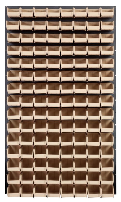 QLP-3661-220-120_IV.jpg The Quantum Louvered Panel, a wall-mounted storage system measuring 36L x 8D x 61H, comes with (120) Qus220 clear bins. Crafted from heavy-duty 16 gauge cold rolled steel with a gray enamel finish, it offers top-open access for easy organization of tools or small parts. Mounting hardware not included.