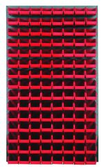 The Quantum Louvered Panel is a wall-mounted, gray enamel-coated steel rack measuring 36L x 8D x 61H. It features a panel with (120) clear QUS220 bins for efficient organization of tools and small items. Note: Mounting hardware is not included.