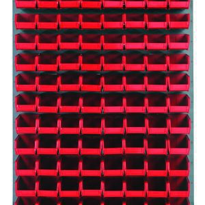 The Quantum Louvered Panel is a wall-mounted, gray enamel-coated steel rack measuring 36L x 8D x 61H. It features a panel with (120) clear QUS220 bins for efficient organization of tools and small items. Note: Mounting hardware is not included.