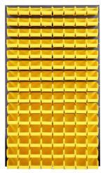 The Quantum Louvered Panel is a wall-mounted storage system made of heavy-duty 16 gauge cold rolled steel, featuring 120 clear QUS220 bins. It has a gray enamel finish and is organized in a 36L x 8D x 61H grid pattern for easy access. Mounting hardware not included.