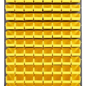 The Quantum Louvered Panel is a wall-mounted storage system made of heavy-duty 16 gauge cold rolled steel, featuring 120 clear QUS220 bins. It has a gray enamel finish and is organized in a 36L x 8D x 61H grid pattern for easy access. Mounting hardware not included.