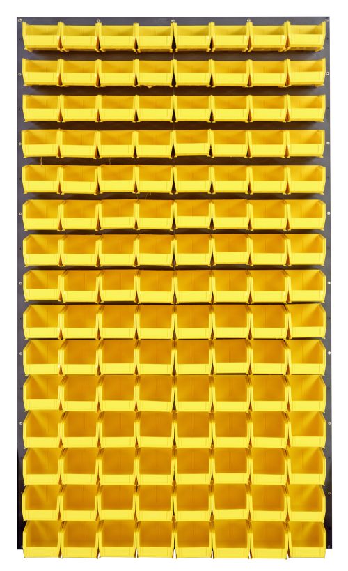 QLP-3661-220-120_YL.jpg The Quantum Louvered Panel is a wall-mounted storage system made of heavy-duty 16 gauge cold rolled steel, featuring 120 clear QUS220 bins. It has a gray enamel finish and is organized in a 36L x 8D x 61H grid pattern for easy access. Mounting hardware not included.