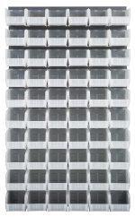 The Quantum Louvered Panel is wall-mounted, measuring 36L x 11D x 61H. Crafted from heavy-duty 16 gauge cold rolled steel with a gray enamel finish, it supports a grid of sixty Qus230 clear bins, ideal for efficient storage. Mounting hardware is not included.