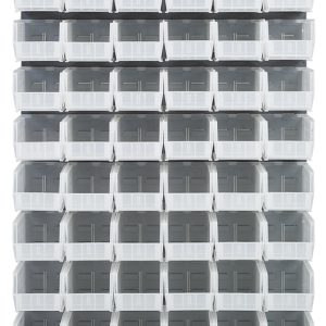 The Quantum Louvered Panel is wall-mounted, measuring 36L x 11D x 61H. Crafted from heavy-duty 16 gauge cold rolled steel with a gray enamel finish, it supports a grid of sixty Qus230 clear bins, ideal for efficient storage. Mounting hardware is not included.