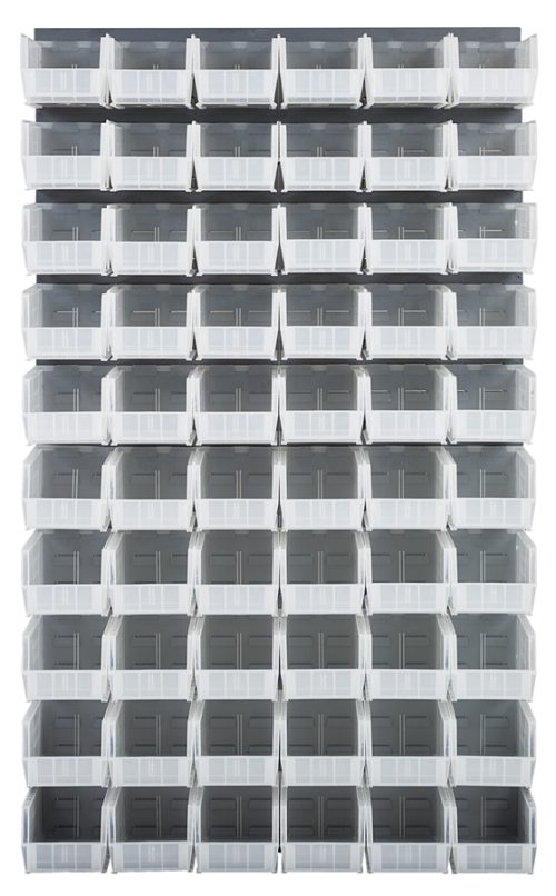 The Quantum Louvered Panel is wall-mounted, measuring 36L x 11D x 61H. Crafted from heavy-duty 16 gauge cold rolled steel with a gray enamel finish, it supports a grid of sixty Qus230 clear bins, ideal for efficient storage. Mounting hardware is not included.