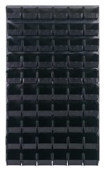 The Quantum Louvered Panel is a 36L x 11D x 61H wall-mounted organizer with heavy-duty 16 gauge cold rolled steel and features a gray enamel finish. It includes (60) black QUS230 bins for versatile storage, ideal for organizing small items in a grid layout. Mounting hardware not included.