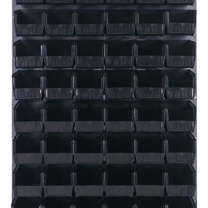 The Quantum Louvered Panel is a 36L x 11D x 61H wall-mounted organizer with heavy-duty 16 gauge cold rolled steel and features a gray enamel finish. It includes (60) black QUS230 bins for versatile storage, ideal for organizing small items in a grid layout. Mounting hardware not included.