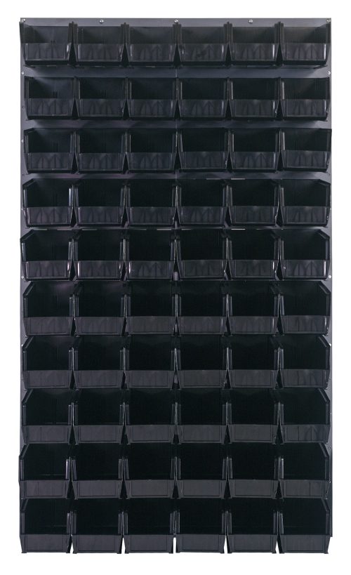 The Quantum Louvered Panel is a 36L x 11D x 61H wall-mounted organizer with heavy-duty 16 gauge cold rolled steel and features a gray enamel finish. It includes (60) black QUS230 bins for versatile storage, ideal for organizing small items in a grid layout. Mounting hardware not included.
