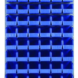 The Quantum Louvered Panel is a 36L x 11D x 61H wall-mounted storage rack made from heavy-duty 16-gauge cold-rolled steel with a gray enamel finish. It includes (60) QUS230 blue bins, perfect for organizing tools in workshops or garages. Mounting hardware not included.
