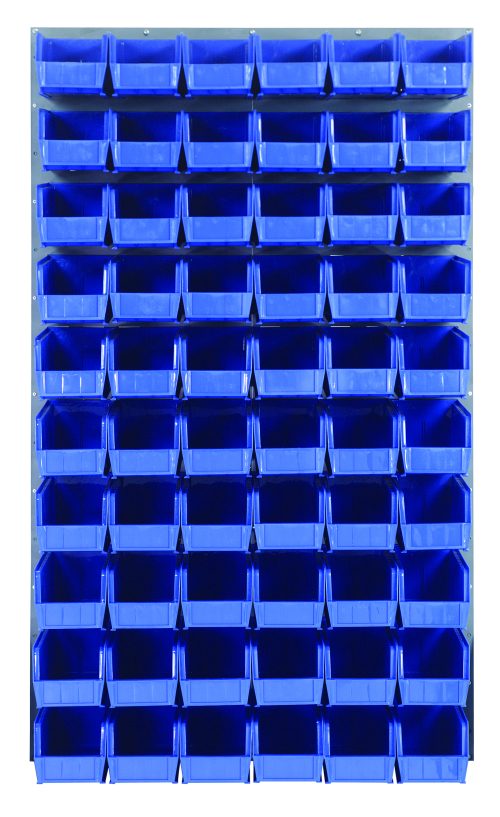 QLP-3661-230-60_BL.jpg The Quantum Louvered Panel is a 36L x 11D x 61H wall-mounted storage rack made from heavy-duty 16-gauge cold-rolled steel with a gray enamel finish. It includes (60) QUS230 blue bins, perfect for organizing tools in workshops or garages. Mounting hardware not included.