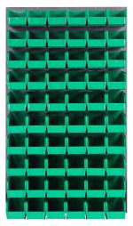 The Quantum Louvered Panel is wall-mounted, measuring 36L x 11D x 61H, and features sixty Qus230 clear bins. Made from heavy-duty 16-gauge cold-rolled steel with a gray enamel finish, its perfect for organizing small items. (Mounting hardware not included.).