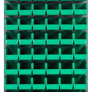 The Quantum Louvered Panel is wall-mounted, measuring 36L x 11D x 61H, and features sixty Qus230 clear bins. Made from heavy-duty 16-gauge cold-rolled steel with a gray enamel finish, its perfect for organizing small items. (Mounting hardware not included.).