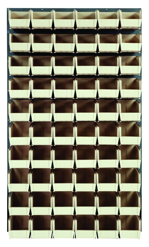 QLP-3661-230-60_IV.jpg The Quantum Louvered Panel is a wall-mounted organizer made of heavy-duty 16 gauge cold rolled steel with a gray enamel finish. Measuring 36L x 11D x 61H, it includes (60) clear bins (Qus230) for sorting and storing small items. Mounting hardware not included.