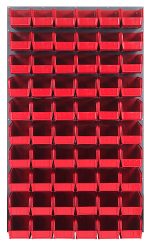 The Quantum Louvered Panel, measuring 36L x 11D x 61H, is made of heavy-duty 16 gauge cold rolled steel with a gray enamel finish and comes with 60 clear Qus230 bins arranged for easy access.