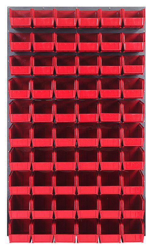 The Quantum Louvered Panel, measuring 36L x 11D x 61H, is made of heavy-duty 16 gauge cold rolled steel with a gray enamel finish and comes with 60 clear Qus230 bins arranged for easy access.