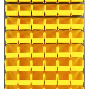 The Quantum Louvered Panel is a wall-mounted unit measuring 36L x 11D x 61H and features a grid of 60 open-top QUS230 clear bins. Made from heavy-duty 16-gauge cold rolled steel, it boasts a gray enamel-coated finish.