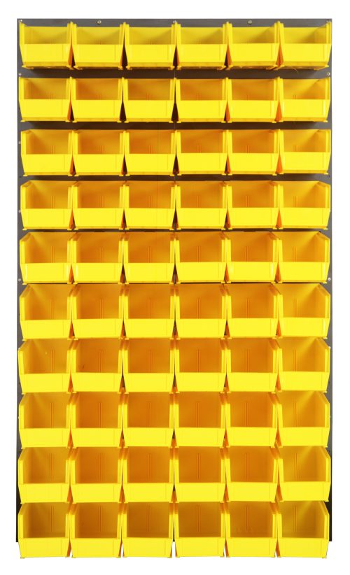 The Quantum Louvered Panel is a wall-mounted unit measuring 36L x 11D x 61H and features a grid of 60 open-top QUS230 clear bins. Made from heavy-duty 16-gauge cold rolled steel, it boasts a gray enamel-coated finish.