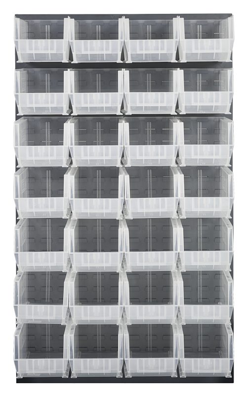 QLP-3661-240-28CL.jpg The Quantum Louvered Panel, 36L x 15D x 61H, includes 28 QUS240 clear bins uniformly arranged in five rows and six columns against a sleek gray enamel-coated heavy-duty steel backing for organizing small items.