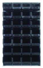 The Quantum Louvered Panel, expertly crafted in 16-gauge cold rolled steel with a gray enamel finish, includes 28 black bins for optimal organization. Measuring 36L x 15D x 61H, it is ideal for storing small items and complements any space with its robust and stylish design.