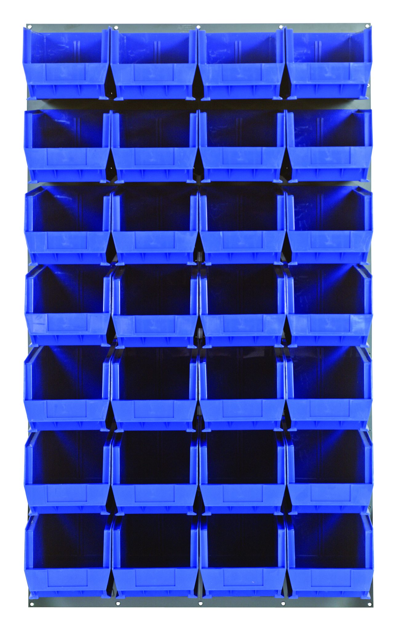 Wall-mounted Quantum louvered panel holding a full grid of blue hang and stack bins