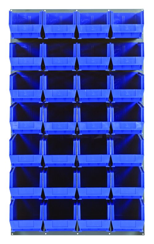 A grid of 30 blue storage bins, with 28 QUS240s, is arranged in five rows and six columns. Each front-open bin is mounted on a Quantum Louvered Panel (36L x 15D x 61H) made from gray enamel-coated heavy-duty steel, creating an easily accessible storage solution.