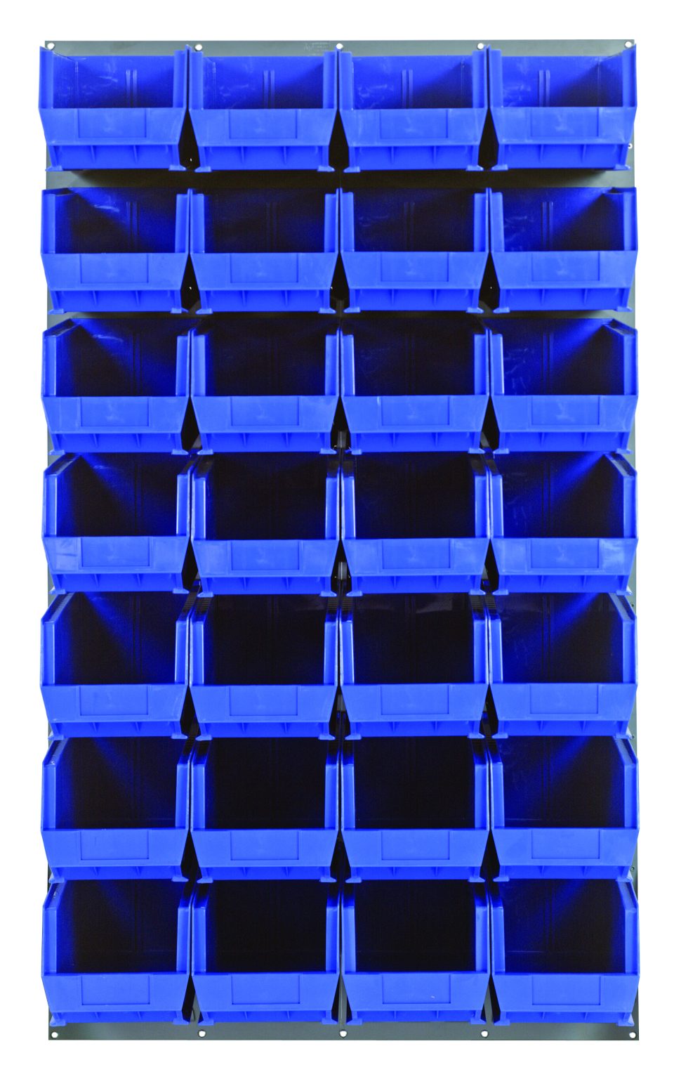 Wall-mounted Quantum louvered panel holding a full grid of blue hang and stack bins