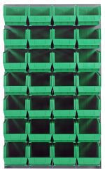 The Quantum Louvered Panel, wall-mounted with a sleek gray enamel finish, measures 36L x 15D x 61H and includes 28 clear Qus240 bins. Made from heavy-duty 16-gauge cold rolled steel, its perfect for organizing small parts or tools efficiently. Note: Mounting hardware not included.