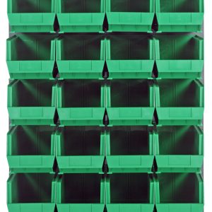 The Quantum Louvered Panel, wall-mounted with a sleek gray enamel finish, measures 36L x 15D x 61H and includes 28 clear Qus240 bins. Made from heavy-duty 16-gauge cold rolled steel, its perfect for organizing small parts or tools efficiently. Note: Mounting hardware not included.