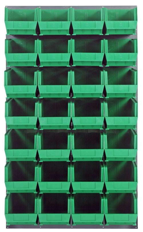 The Quantum Louvered Panel, wall-mounted with a sleek gray enamel finish, measures 36L x 15D x 61H and includes 28 clear Qus240 bins. Made from heavy-duty 16-gauge cold rolled steel, its perfect for organizing small parts or tools efficiently. Note: Mounting hardware not included.