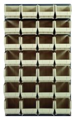 The Quantum Louvered Panel features a gray enamel finish on a 36L x 15D x 61H, wall-mounted frame. It includes 28 clear Qus240 bins. Made from heavy-duty 16-gauge cold-rolled steel, it offers stylish and accessible storage. Note that mounting hardware is not included.