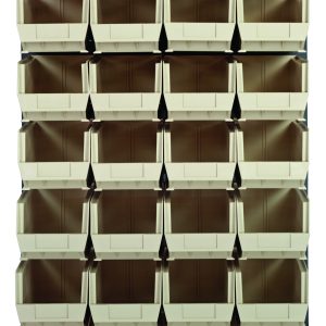 The Quantum Louvered Panel features a gray enamel finish on a 36L x 15D x 61H, wall-mounted frame. It includes 28 clear Qus240 bins. Made from heavy-duty 16-gauge cold-rolled steel, it offers stylish and accessible storage. Note that mounting hardware is not included.