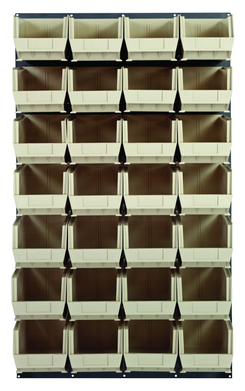 The Quantum Louvered Panel features a gray enamel finish on a 36L x 15D x 61H, wall-mounted frame. It includes 28 clear Qus240 bins. Made from heavy-duty 16-gauge cold-rolled steel, it offers stylish and accessible storage. Note that mounting hardware is not included.