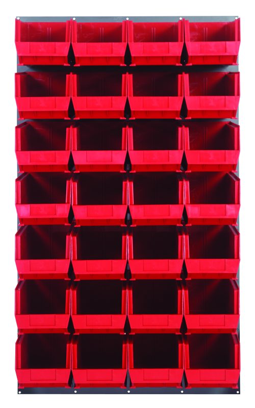 The Quantum Louvered Panel, a wall-mounted organizer made from heavy-duty 16 gauge cold rolled steel with a gray enamel finish, includes 28 QUS240 clear bins. Measuring 36L x 15D x 61H, its perfect for organizing tools or small items. Mounting hardware is not included.