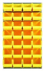 The Quantum Louvered Panel is a wall-mounted storage system with clear bins, made from heavy-duty 16 gauge cold rolled steel and finished in gray enamel. Measuring 36L x 15D x 61H, it includes (28) QUS240 bins for easy tool sorting with convenient handles. Mounting hardware is not included.