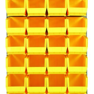 The Quantum Louvered Panel is a wall-mounted storage system with clear bins, made from heavy-duty 16 gauge cold rolled steel and finished in gray enamel. Measuring 36L x 15D x 61H, it includes (28) QUS240 bins for easy tool sorting with convenient handles. Mounting hardware is not included.